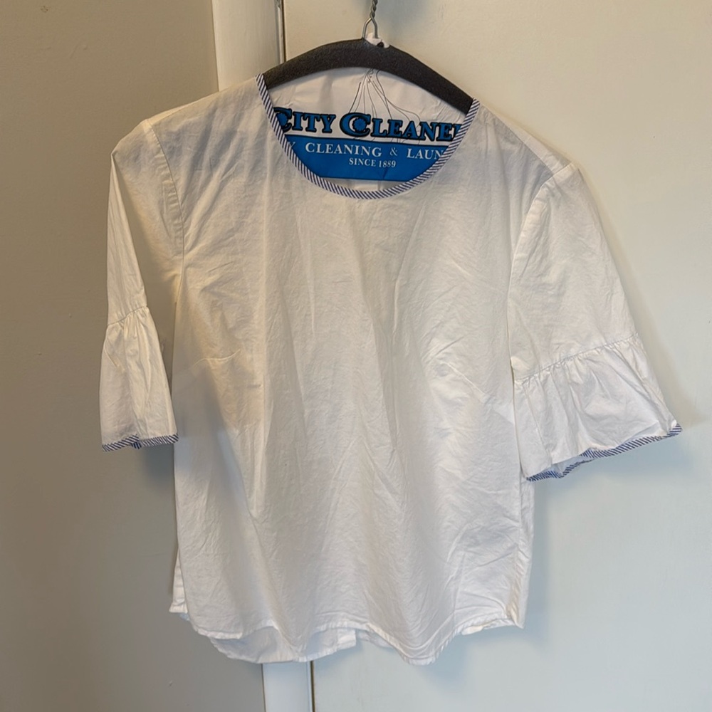 J. Crew flutter sleeve, back button top, size O